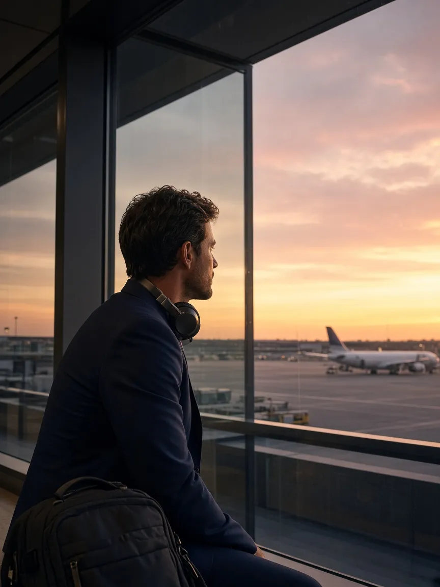 A business traveler sits at an airport window at dawn with a backpack and over-ear headphones