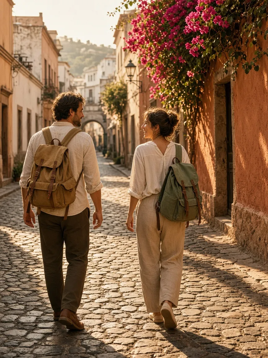 A couple walks a sunlit old-town street, each wearing a travel backpack