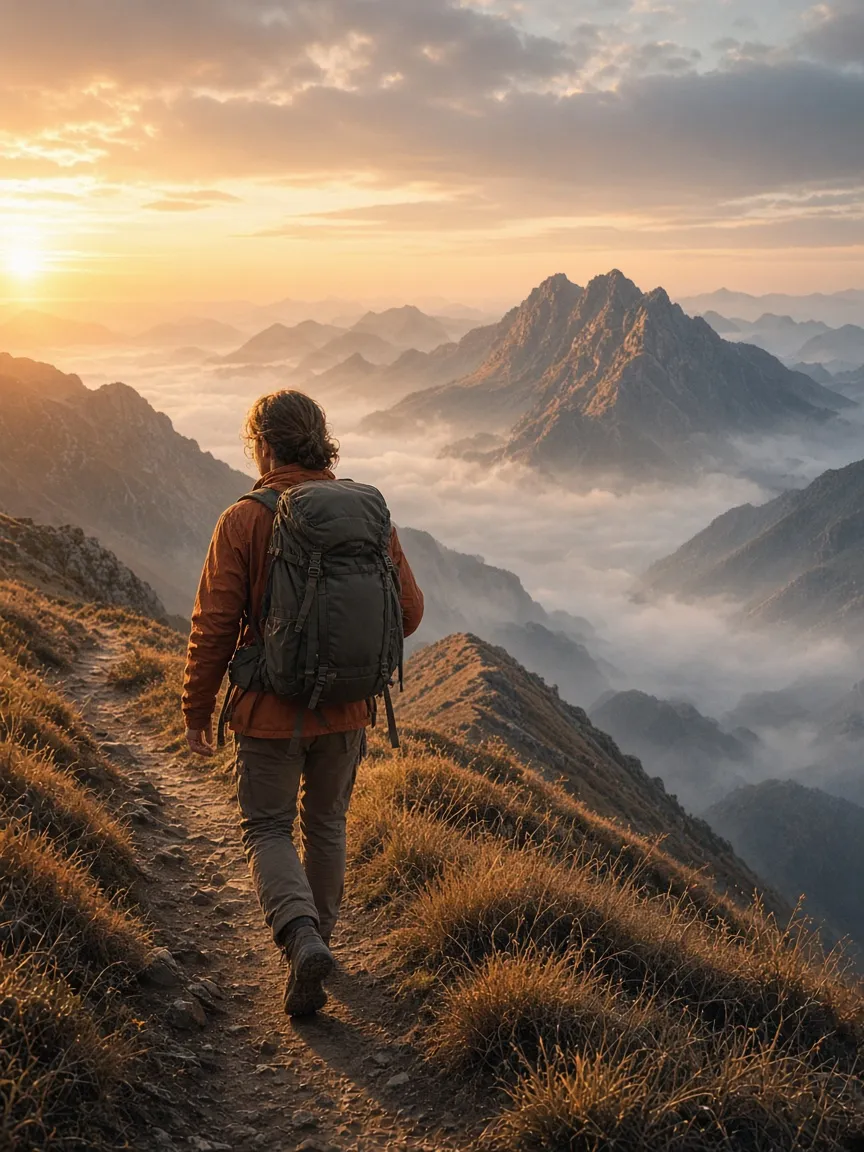 A solo backpacker walks a mountain ridge at sunrise with a compact travel pack