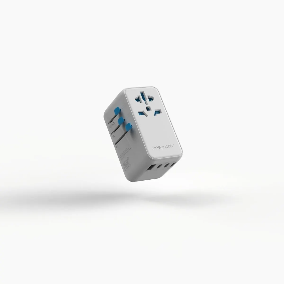 OneAdaptr OneWorld135 white travel adapter, 135W GaN, studio view